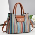 Multicolor woven tote bag with brown leather handles and adjustable shoulder strap - Blue