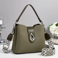Dark green PU leather bucket bag with wide geometric strap and silver water-drop clasp - Green