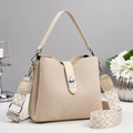 Beige woven bucket bag with cream leather straps and a stylish geometric wide shoulder strap - Off White