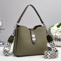Army green trapezoid bucket bag with geometric wide strap and silver metal clasp - Green