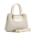 Detail of cream woven fabric tote bag featuring leather handles and NJS logo embossing - Off-white