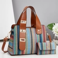 Woven tote bag set with brown leather straps and gold buckle in colorful bohemian style - Blue