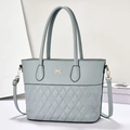 Vintage gray blue quilted leather tote bag with gold bow logo and shoulder strap - Blue