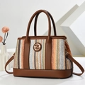 Bolso cubo chic de rayas multicolores con asas de cuero marrón y logo dorado - L30xH21xW13 / Amarillo Tierra