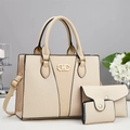 Elegant beige 3-piece handbag set with textured weaving and premium gold metal buckle - Off-white