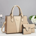 Dreiteiliges beigefarbenes Handtaschen-Set mit Webstruktur und goldener Metallschnalle - Länge 28 Höhe 21 Dicke 13 / Khaki
