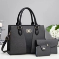 Three-piece luxury black tote bag set with woven texture and gold metal logo - Black