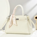 Elegant off-white lychee leather handbag with decorative silk scarf and metal buckle - Off-white