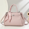 Pale pink lychee grain leather trapeze handbag with silk scarf detail and metal buckle - Pink