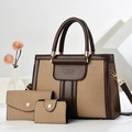 Set di borse da donna 3 pezzi con ampia borsa tote in pelle marrone e portafogli coordinati - Cachi