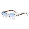 Retro round metal sunglasses with blue gradient lenses and wood-grain temples - Silver Frame Gradient Blue Lens