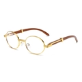 Retro round gold metal sunglasses with dark wood grain temples and C-decor hinge detail - Gold Frame Clear Lens