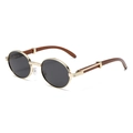Retro oval sunglasses with golden metal frame and brown wood grain temples for luxury style - Gold Frame Black Grey