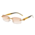 Rimless rectangle sunglasses with tea gradient lenses and wood grain temples - Stone Pattern Leg Brown Lens