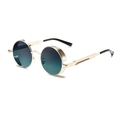 Classic steampunk round sunglasses with gold metal frame and blue gradient lenses - Gold Frame Grey Green Lens