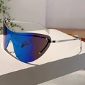 Detail shot of silver metallic cycling sunglasses with reflective blue mirrored lenses - Silver Frame Blue Mercury Lens