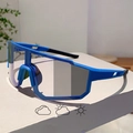 Detail of photochromic cycling sunglasses showing lens tint change in different light - Blue Frame Photochromic Lens