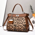 Chic leopard print handbag with brown patent leather trim and silver metal twist lock - Khaki/Earth Yellow