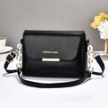 Minimalist black PU leather crossbody bag with gold metal hardware and chain detail - Fashion Letter Buckle / Black