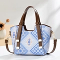 Detailed shot of retro blue jacquard texture handbag with brown handles and gold hardware - Sky Blue