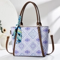 Lavender geometric tote bag with brown faux leather handles and silk scarf on white base - Light Blue