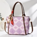 Large capacity tote bag with geometric pattern and decorative silk scarf detail - Purple