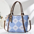 Light blue geometric tote bag with brown leather handles and decorative silk scarf - Sky Blue
