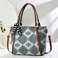 Fashionable grey geometric pattern tote bag with brown leather straps and scarf detail - Black