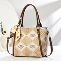 Detail of a beige woven tote bag with brown geometric patterns and a silk scarf accent - Khaki
