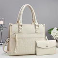 Elegant off-white faux leather tote bag and pouch set with crocodile embossed detail - Off-white