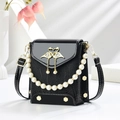 Mini black crocodile texture crossbody bag with pearl strap and golden swan clasp - Black
