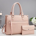 Ensemble sac à main et portefeuille en cuir rose avec poignées argentées et détails plissés - Rose