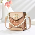 Elegant apricot crocodile texture crossbody bag with pearl handle and swan clasp - Khaki