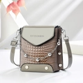 Taupe mini shoulder bag with crocodile texture and metallic chain, 2025 trendy style - Gray