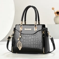 Minimalist black crocodile pattern tote bag with gold leaf pendant and pearl charm - L24 H19 W12 / Black