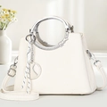 Sac à main blanc élégant avec motif litchi, poignée en métal argenté et bandoulière - Blanc Cassé