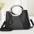 Elegante borsa in pelle nera con manici in metallo argentato e inserto in tessuto grigio - Nero