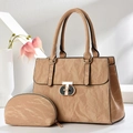 Beige pleated faux leather handbag and matching pouch set with metallic twist lock - Khaki