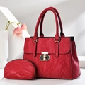 Deep red textured leather tote bag with gold hardware and matching pouch for women - Wine Red