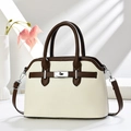 Minimalist shell-shaped crossbody bag in off-white leather with brown top handles - Off White / 27x18x10cm