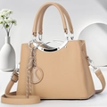 Modische beige Handtasche mit Litschi-Muster, Silberring-Griff und gewebter Quaste - Khaki