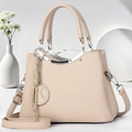 Sac à main élégant en cuir PU beige à texture litchi avec détails argentés et bandoulière - Kaki Clair