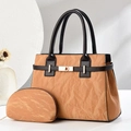 Retro camel brown two-piece tote bag set with textured finish and black handles - Apricot