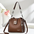 Deep brown lychee pattern leather handbag with silver geometric buckle and chain handle - Coffee