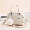 Minimalist off-white square crossbody bag with top handle and pearl fur ball charm - Off White