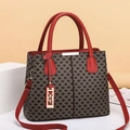 Detailed macro view of geometric print leather handbag with red trim and golden pendant - Red