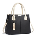Stylish black and white contrast tote bag with lychee texture and gold metal hardware - 30.5x13x23cm / Black & White