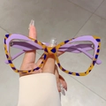 Retro oversized cat-eye glasses with purple and yellow leopard print contrast frames - Purple Leopard Frame Clear Lens