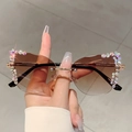Rimless gradient brown sunglasses with luxury rhinestone trim and golden metal hinges - Gradient Brown