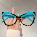 Occhiali cat-eye retrò con stampa leopardata e montatura blu a contrasto da donna - Montatura Leopardo Blu Lenti Trasparenti